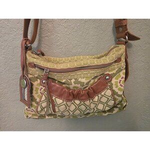 Fossil Key-Per Weekender Green Brown Canvas Boho Crossbody Purse EUC